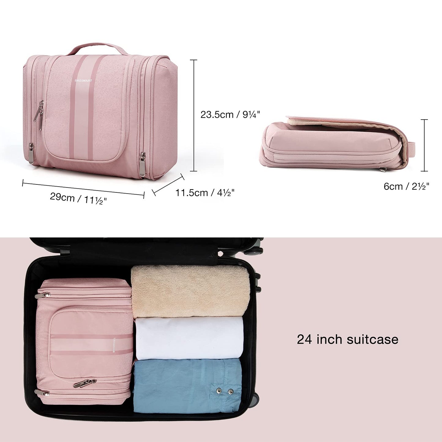 Toiletry Bag for Women, Travel Toiletry Organizer with hanging hook, Water-resistant Cosmetic Makeup Bag Travel Organizer for Shampoo, Full-size Container, Toiletries, Pink-Medium