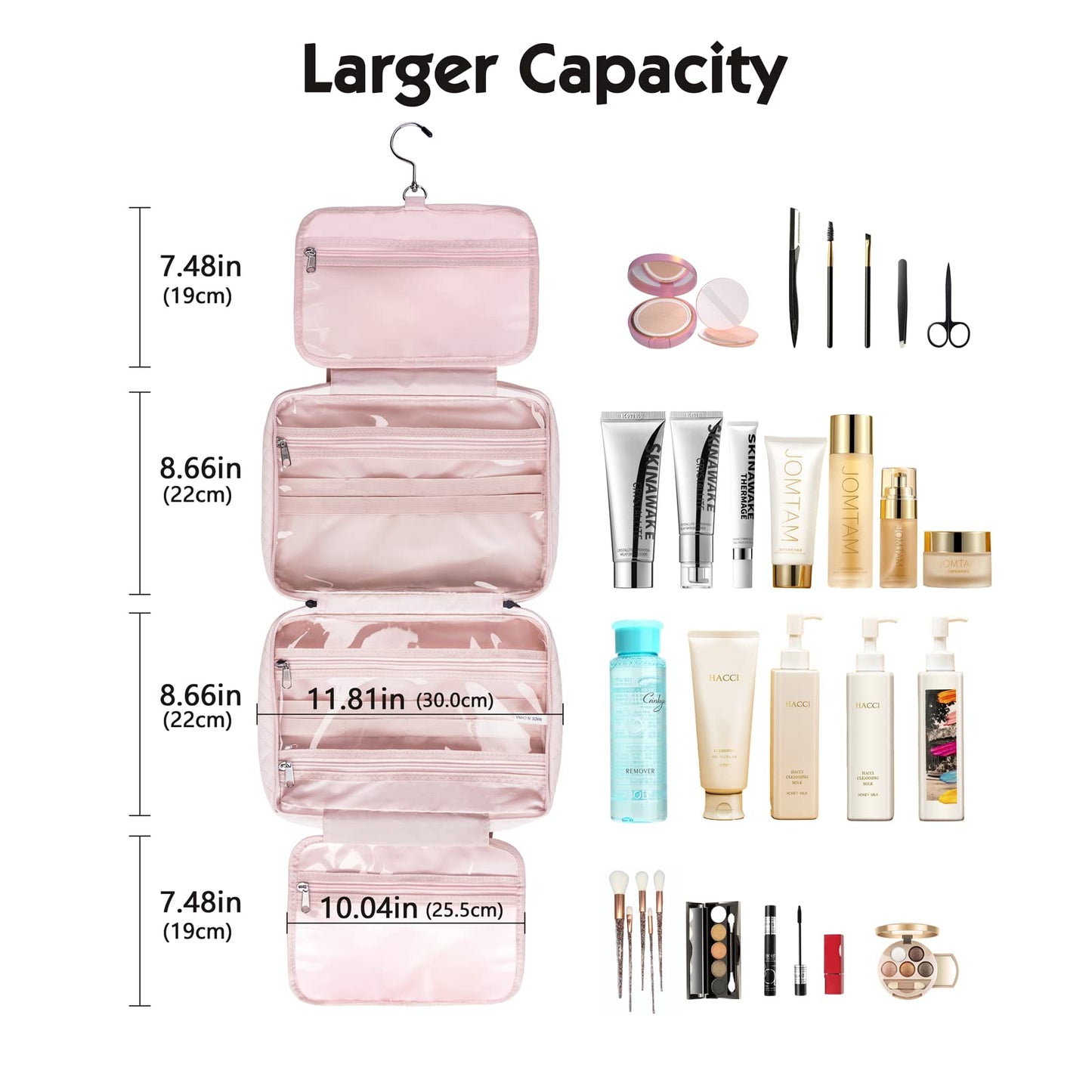 Lisacool Travel Toiletry Bag for Women with Hanging Hook, Large Portable Waterproof Makeup Cosmetic Bag Travel Organizer for Accessories, Cosmetics, Full Sized Toiletries, Pink