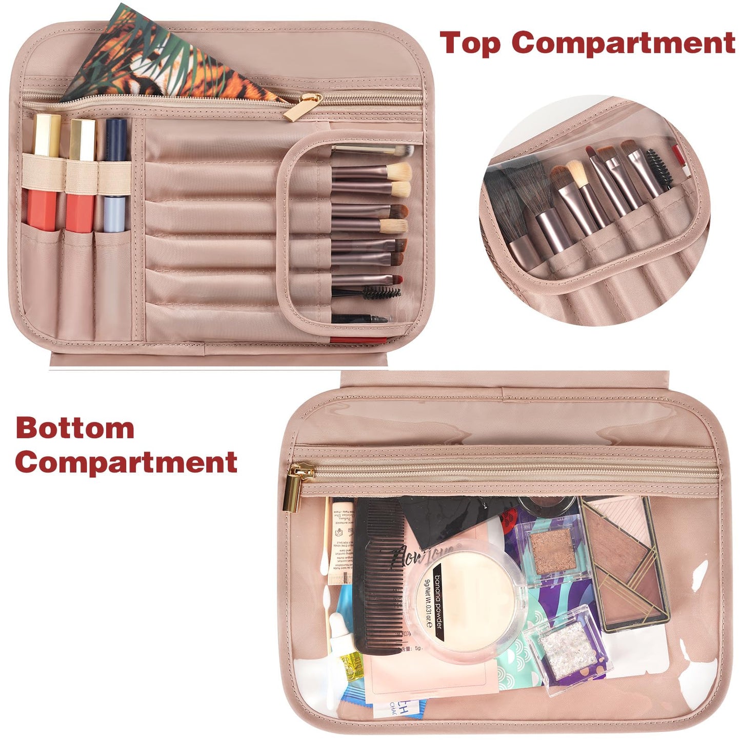 Toiletry Bag, Hanging Travel Makeup Bag for Women, Large Waterproof Cosmetic Bags Travel Organizer Full Sized Container with Elastic Band Holders for Toiletries, Cosmetics, Brush, Bottle, Pink